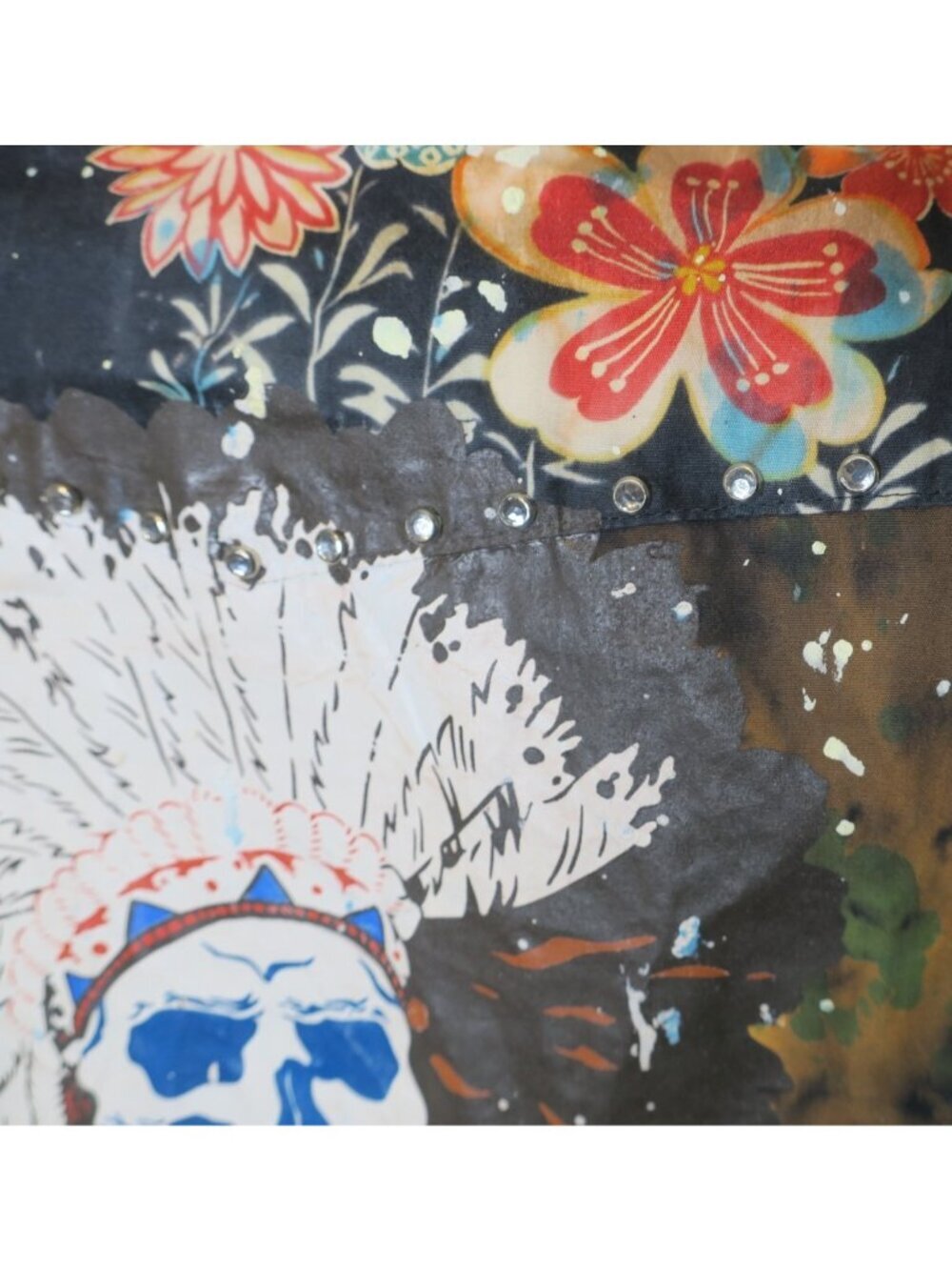 Vintage GRAIL Pearl Snap Shirt Distressed Paint Splat Indian Chief Skull SM/MED - Picture 4 of 7